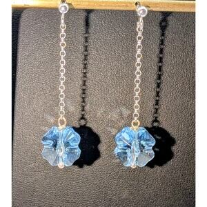 925 Sterling Silver Chain Drop Blue Crystal Flower Dangle Post Pierced Earrings